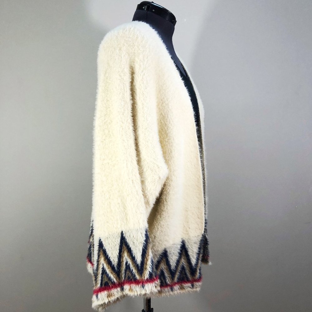 fab'rik Cream Open-Front Sweater Cardigan with Navy & Red Trim
